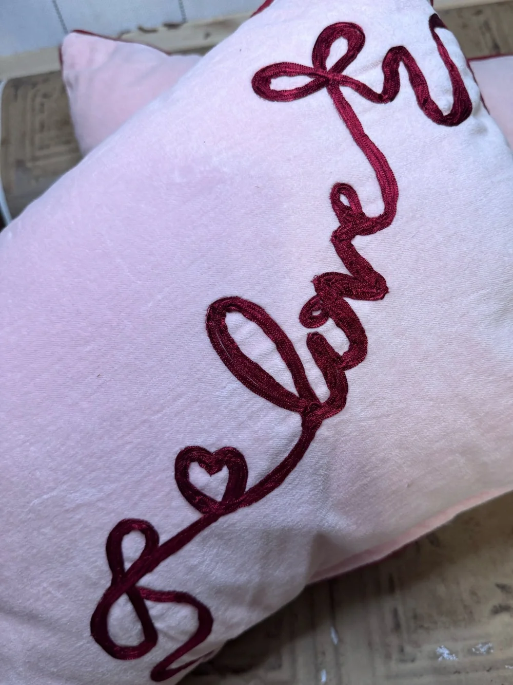 Set of 2 Target Threshold Pink Pillows with Red Embroidered Love Script
